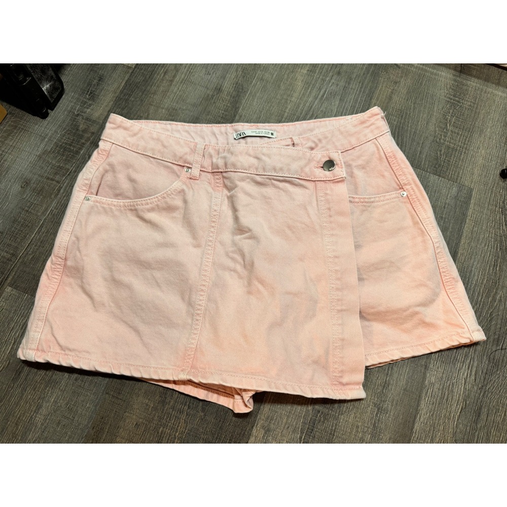 Zara Denim Skort light Pink Asymmetric Wrap Front Mini Skirt Shorts Skort M